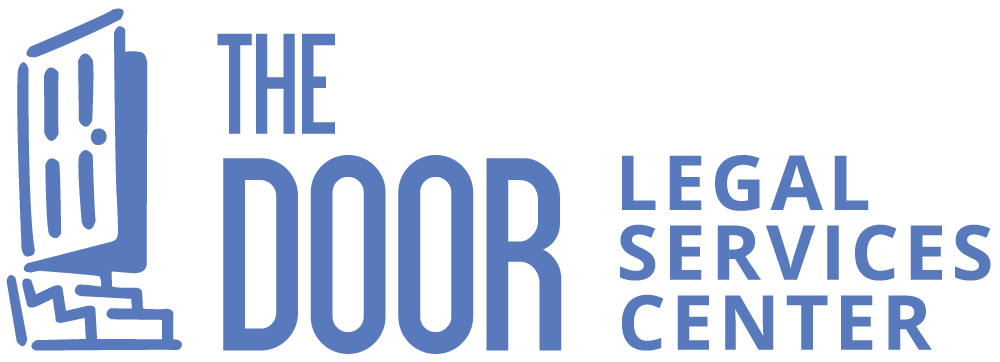 the logo for the door legal services center is blue and white .