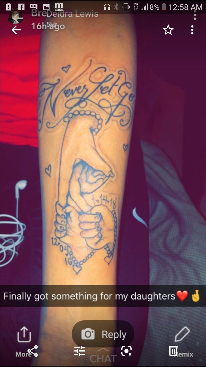 A person has a tattoo on their arm that says