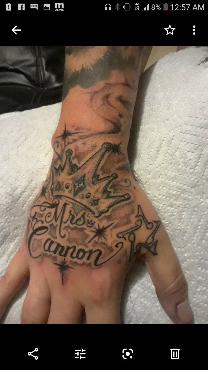 A person has a tattoo on their hand that says cannon