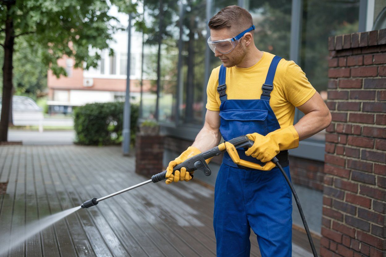 A man is using a high pressure washer to clean a sidewalk.