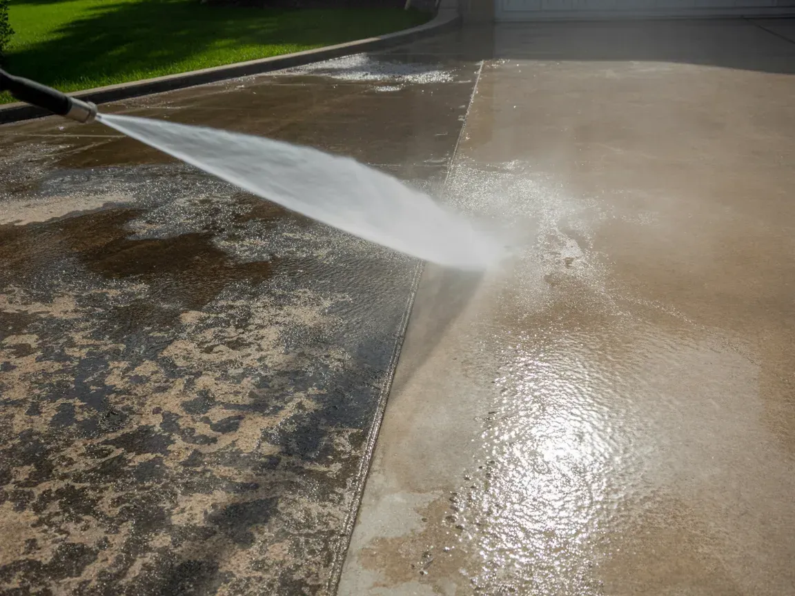Pressure washer cleaning a concrete driveway, removing dirt.