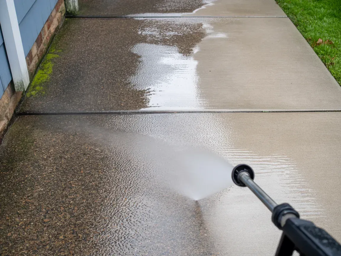 Pressure washer cleaning a concrete sidewalk; half is clean, half is dirty.