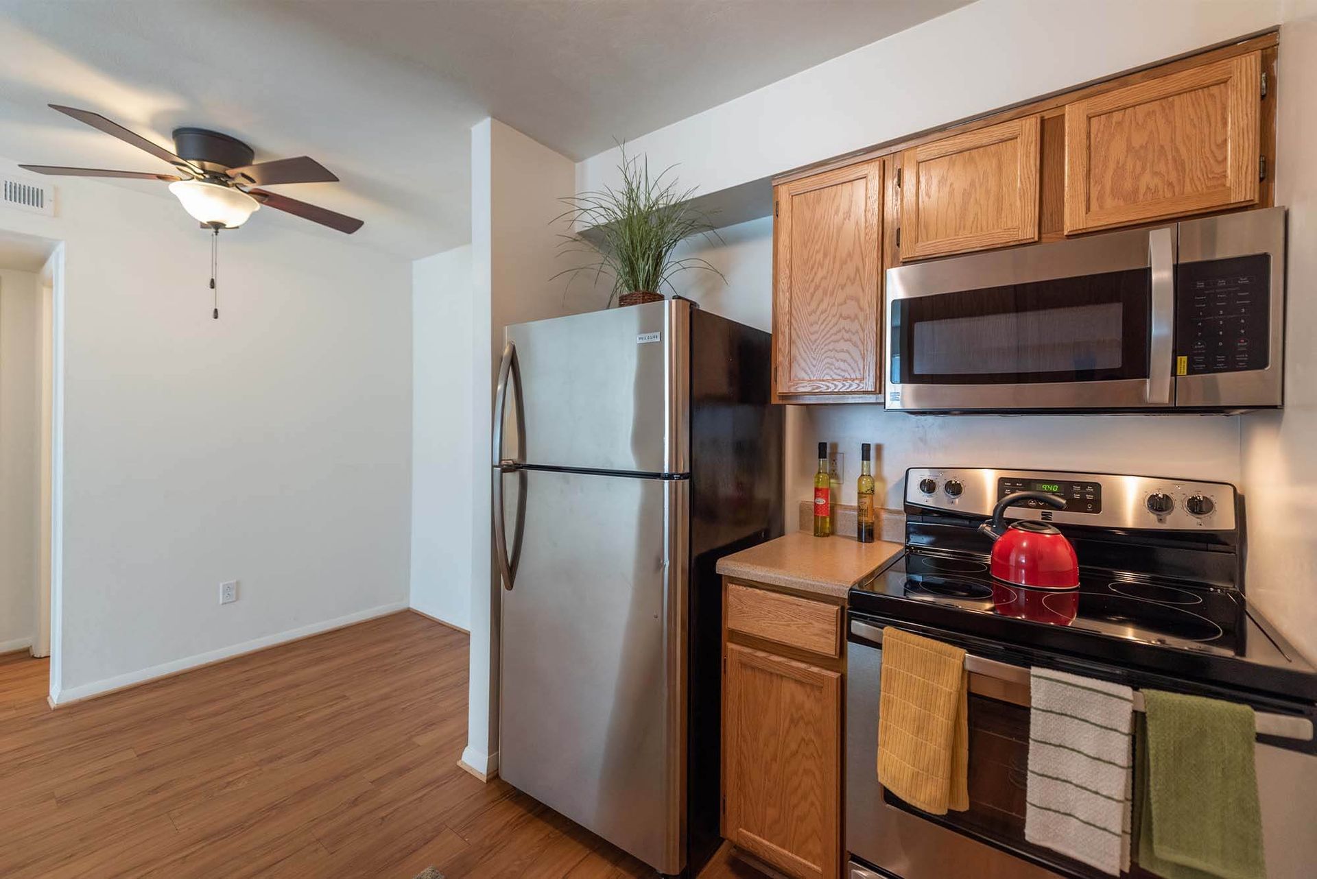 Kitchen in an apartment with stainless steel refrigerator, microwave, stove, wooden cabinets, and a potted plant.
