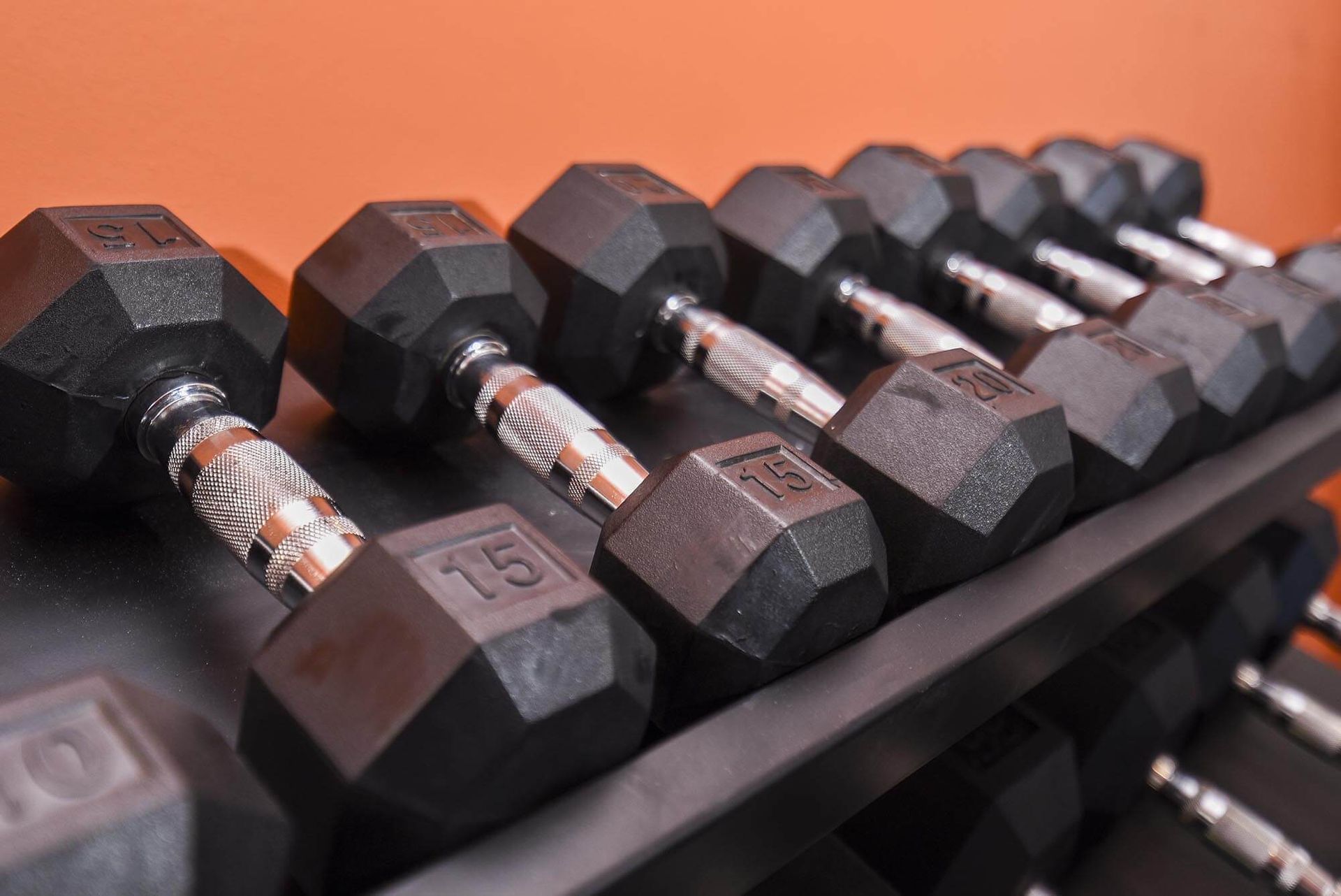 Row of black hex dumbbells on a rack in a gym.