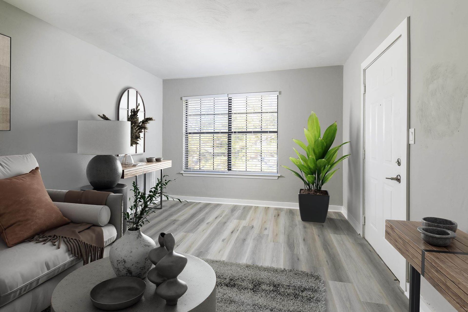 Bright living room with gray walls, window blinds, sofa, coffee table, and potted plants.