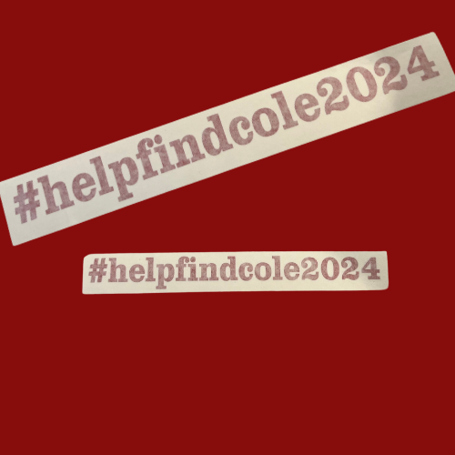 Two stickers that say helpfindcole2024 on a red background
