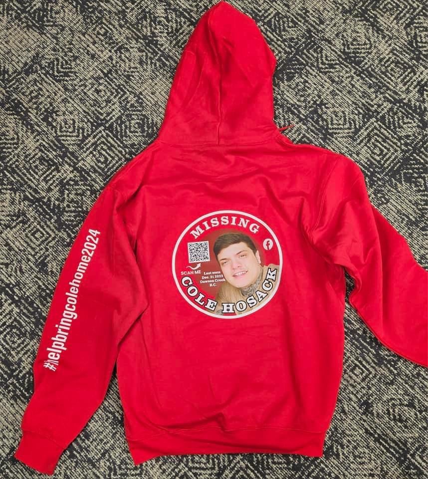 A red hoodie with a picture of a man on it