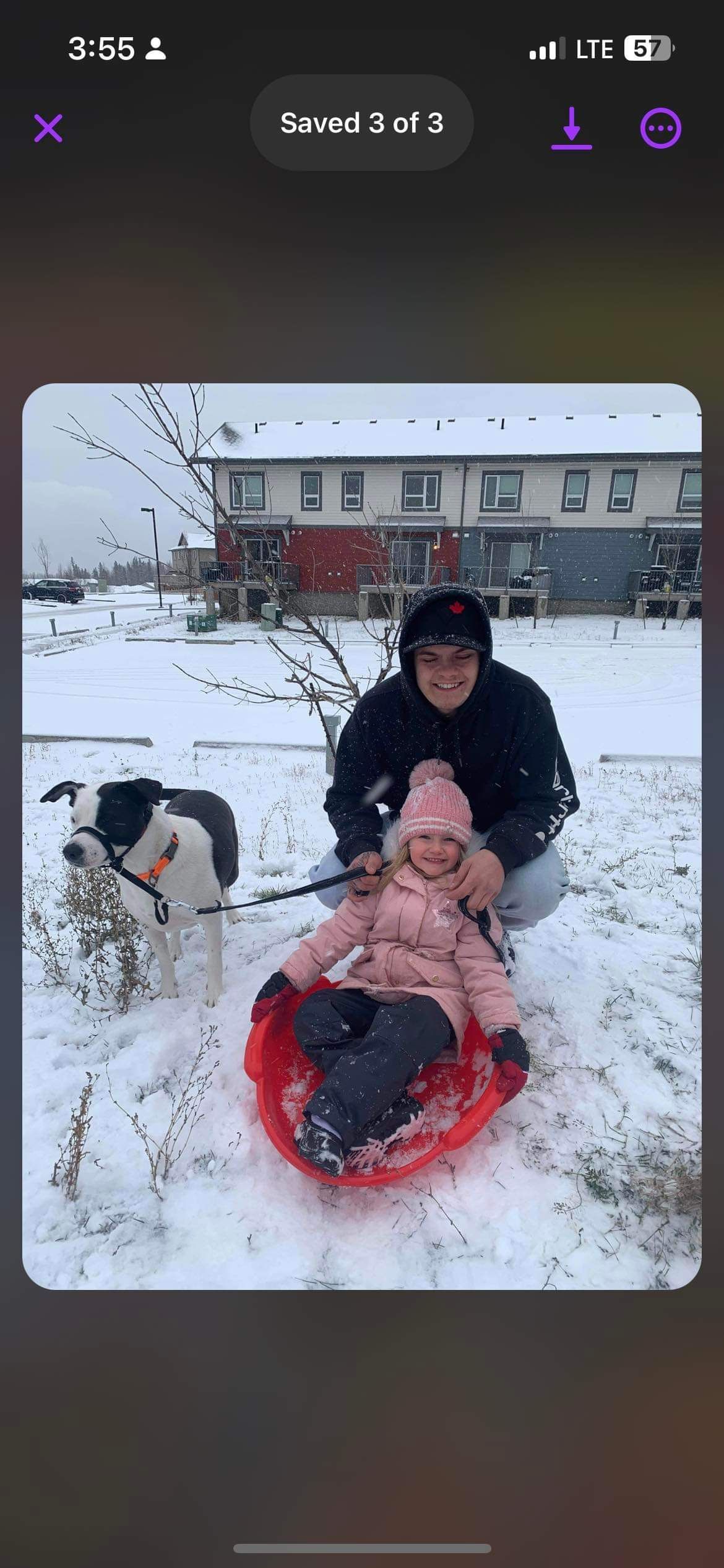 A woman and child are sledding in the snow with a dog.