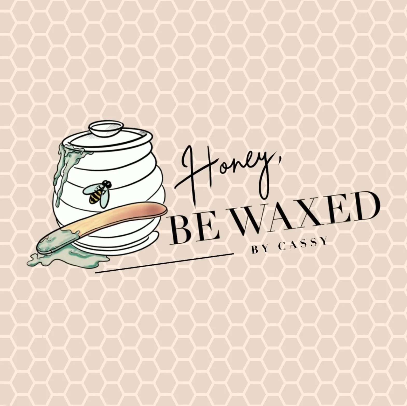 A logo for honey be waxed by cassy with a jar of honey and a bee on a honeycomb background.