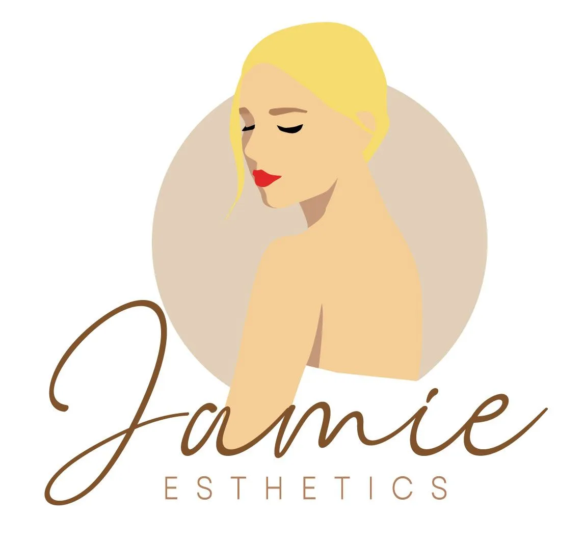 A logo for jamie esthetics shows a woman with her eyes closed