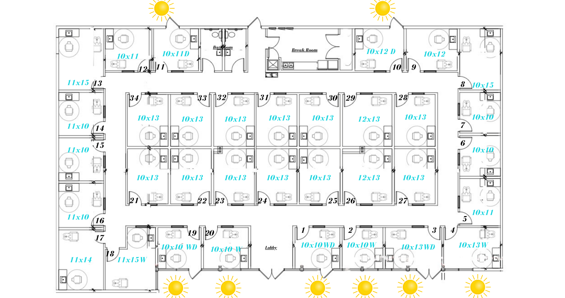 A floor plan of the salonplex suites at alderman plaza