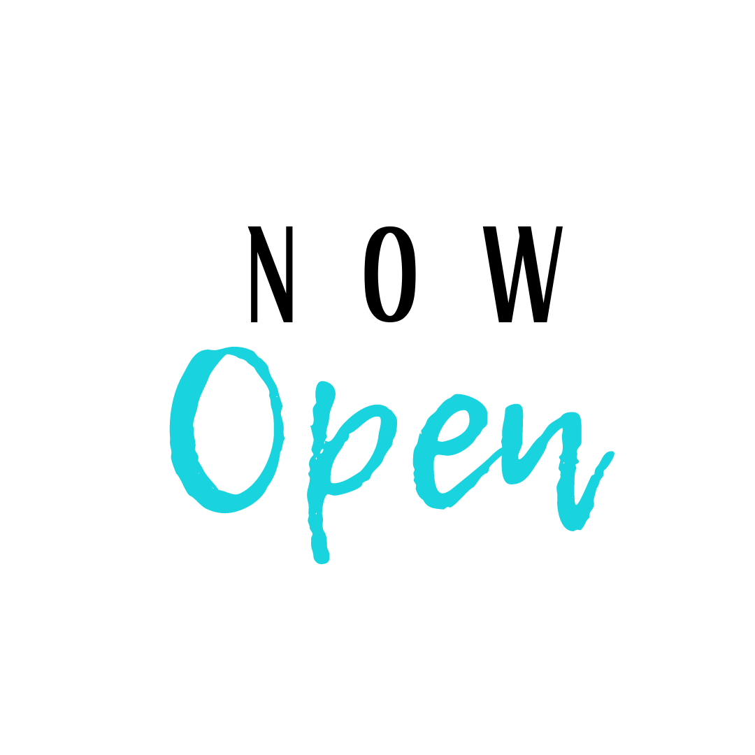 A blue and black logo that says `` now open '' on a white background.
