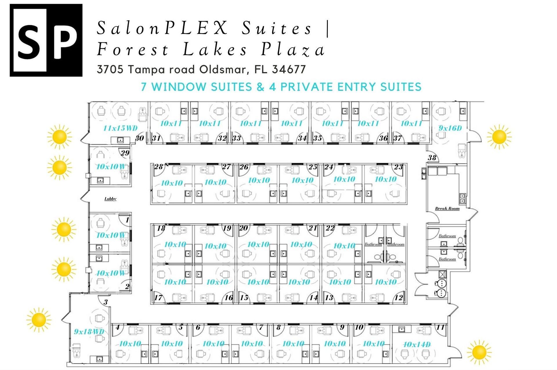 A floor plan of a building with a lot of windows and suns.