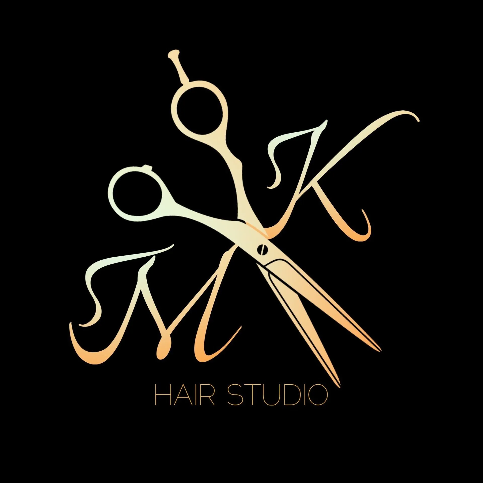 A logo for a hair studio with scissors and the letter k