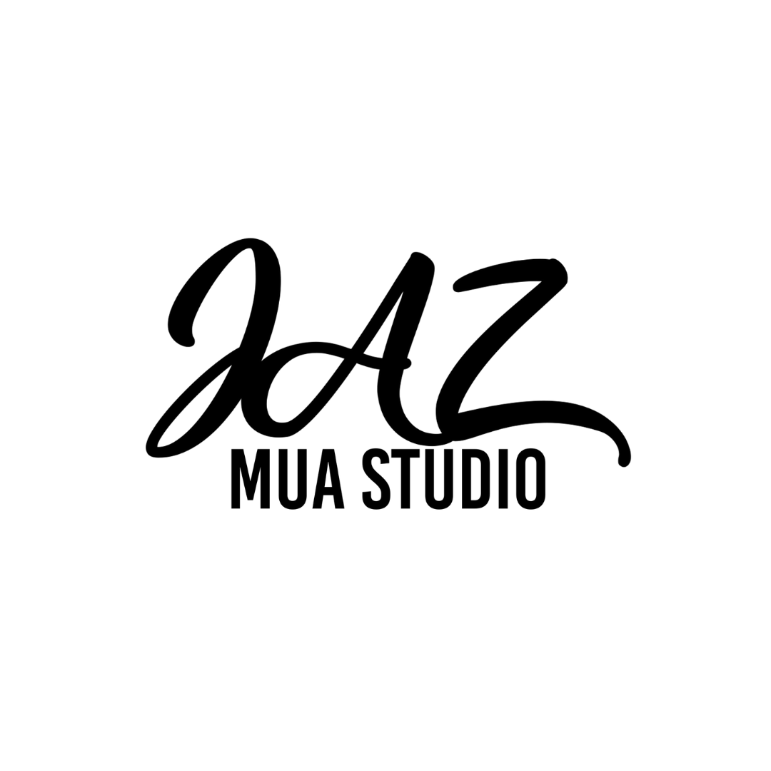 A black and white logo for jaz mua studio on a white background.
