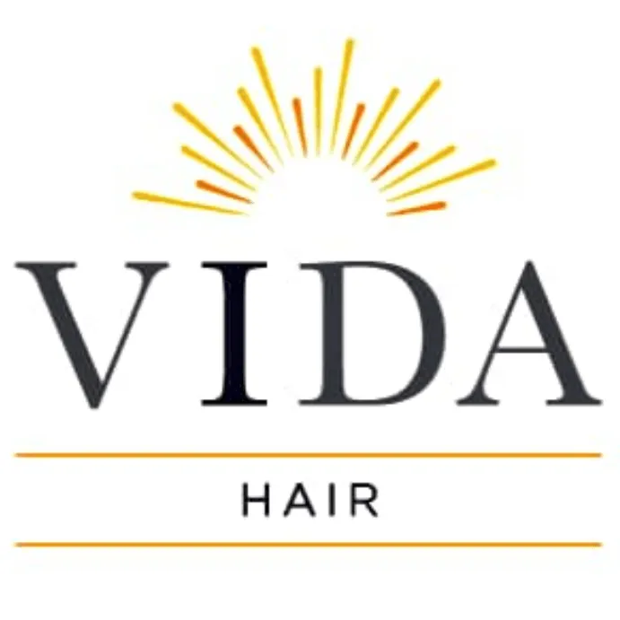 A logo for vida hair with a sunburst in the middle