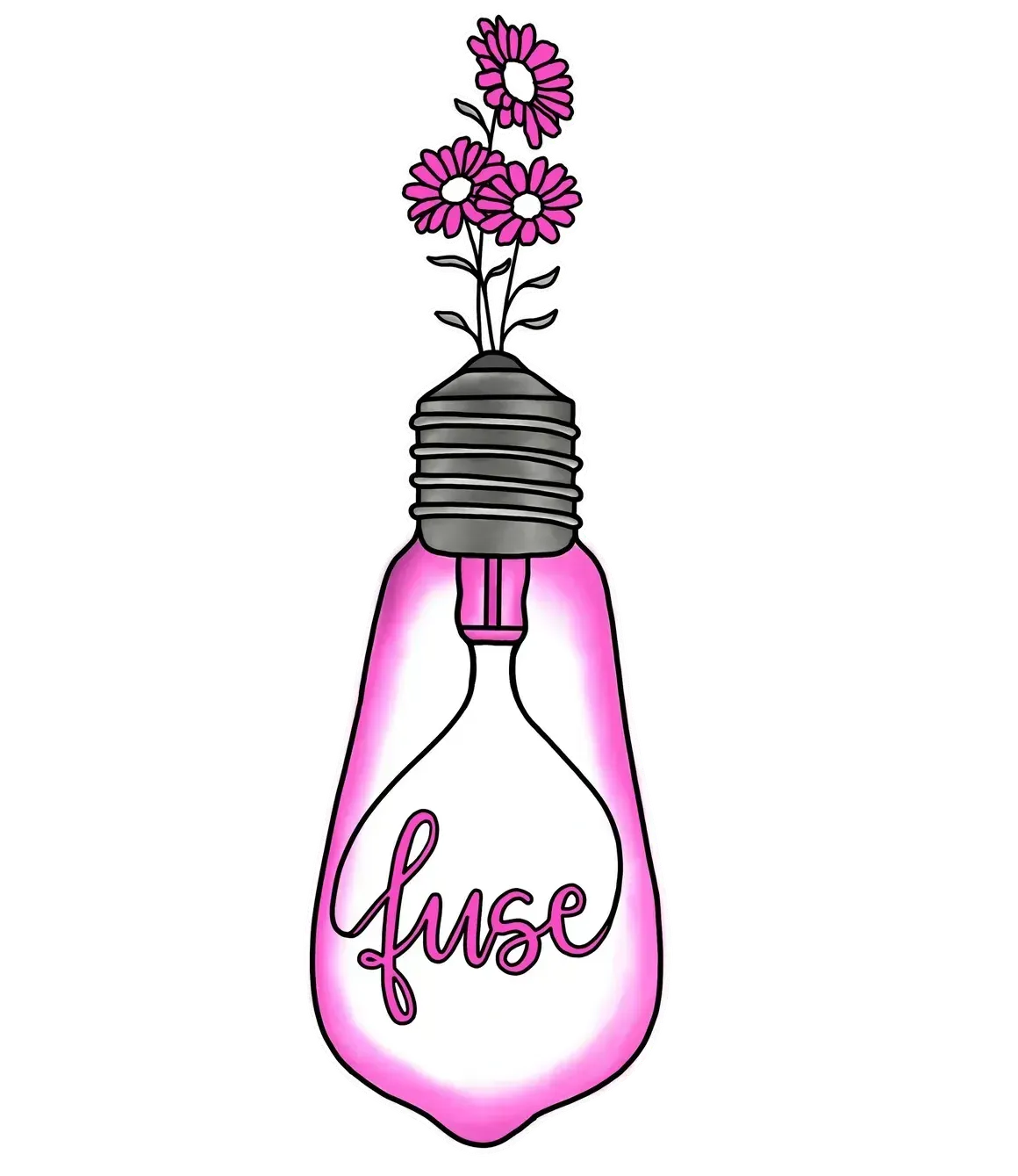 A pink light bulb with flowers in it and the word fuse written on it.