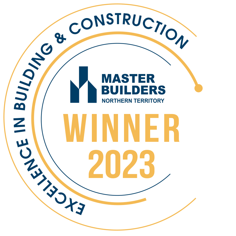 Master Builders Northern Territory award: Winner 2023. Blue, gold and white circle design. Text reads