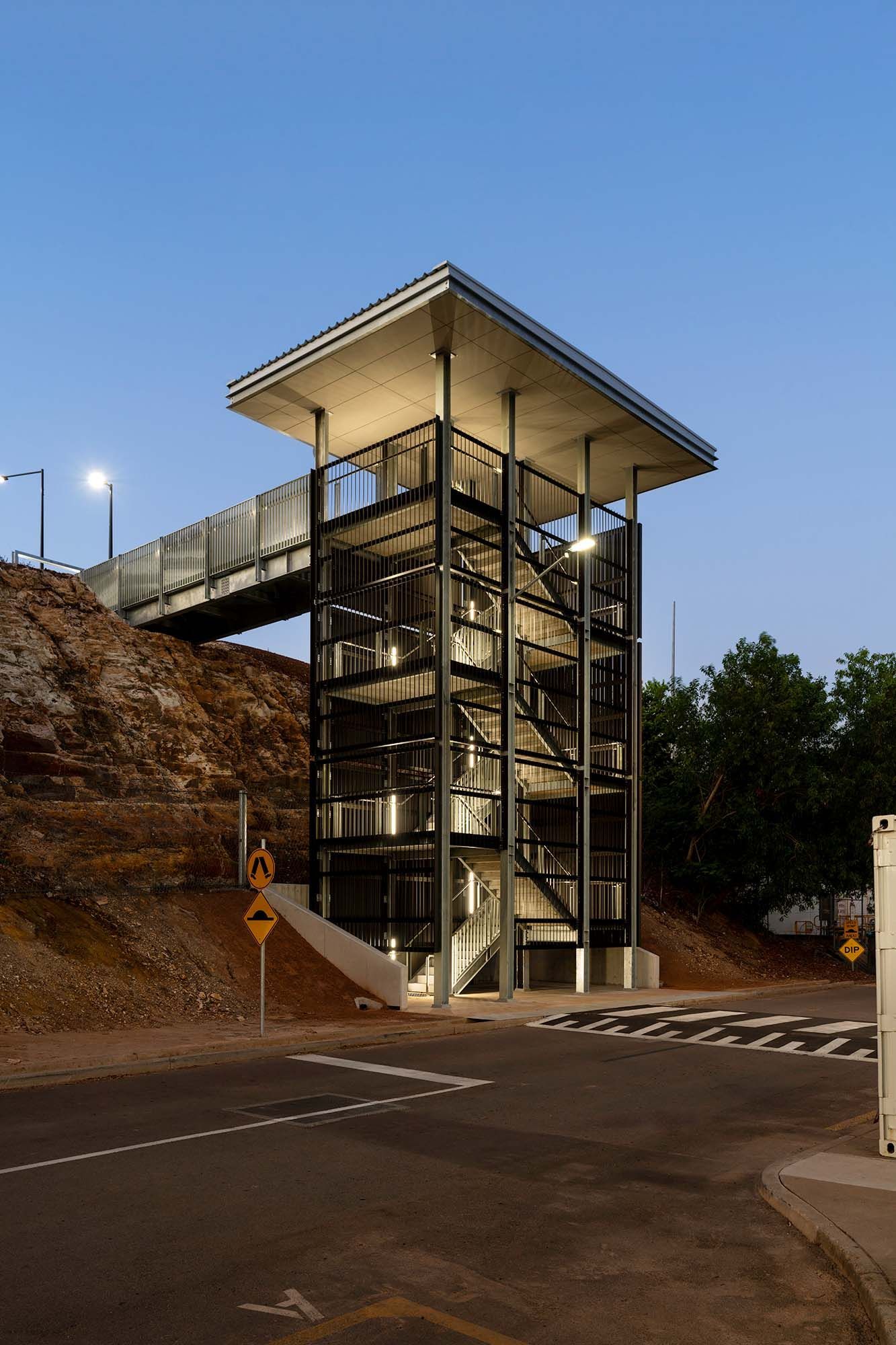 Outdoor, well lit stairwell at dusk