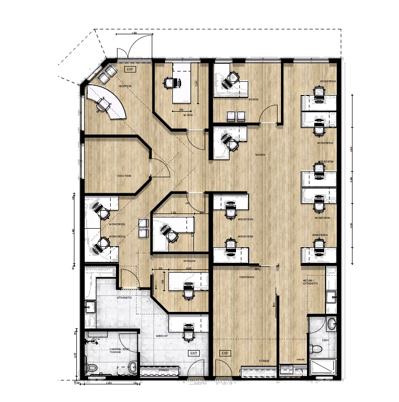 Office floor plan with several private offices, desks, and a reception area; hardwood floors.