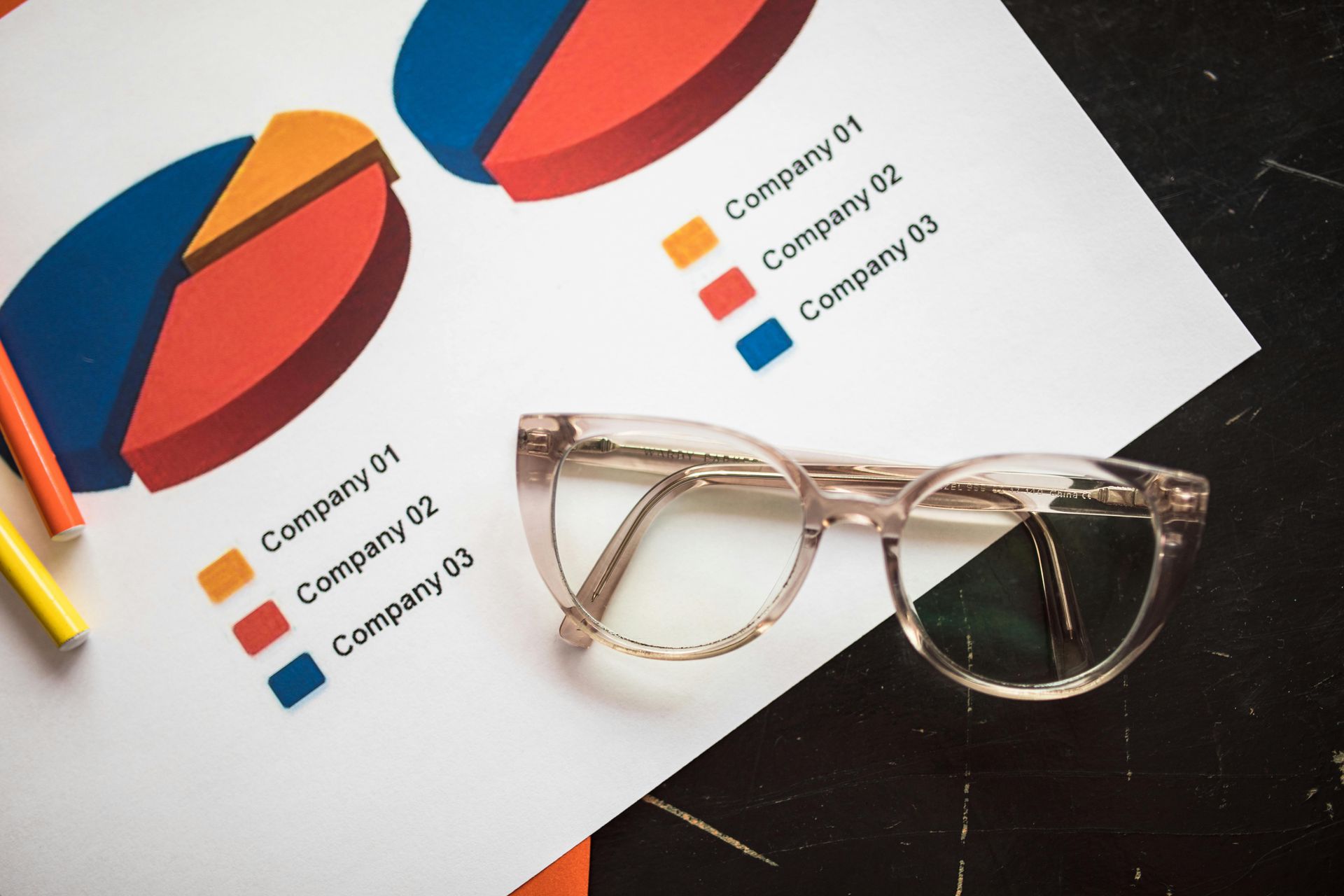 A pair of glasses is sitting on top of a pie chart.