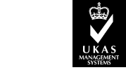 a black and white logo for ukas management systems with a check mark and a crown .