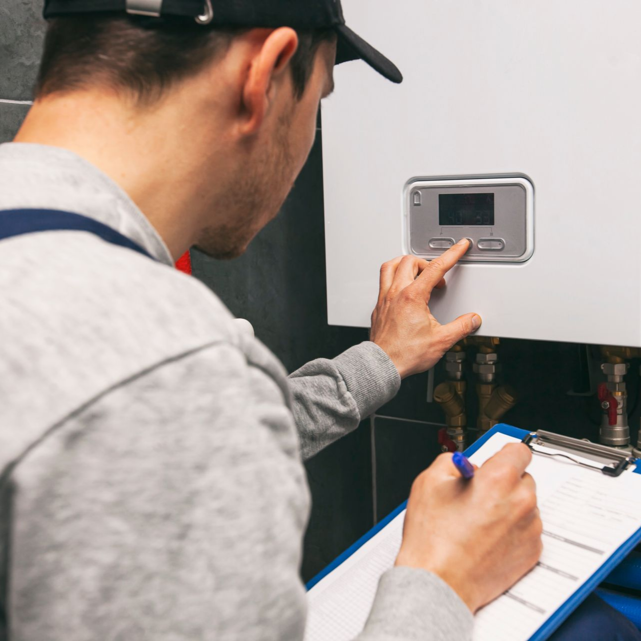 Person in a cap inspecting a white appliance, pressing buttons, and taking notes on a clipboard.