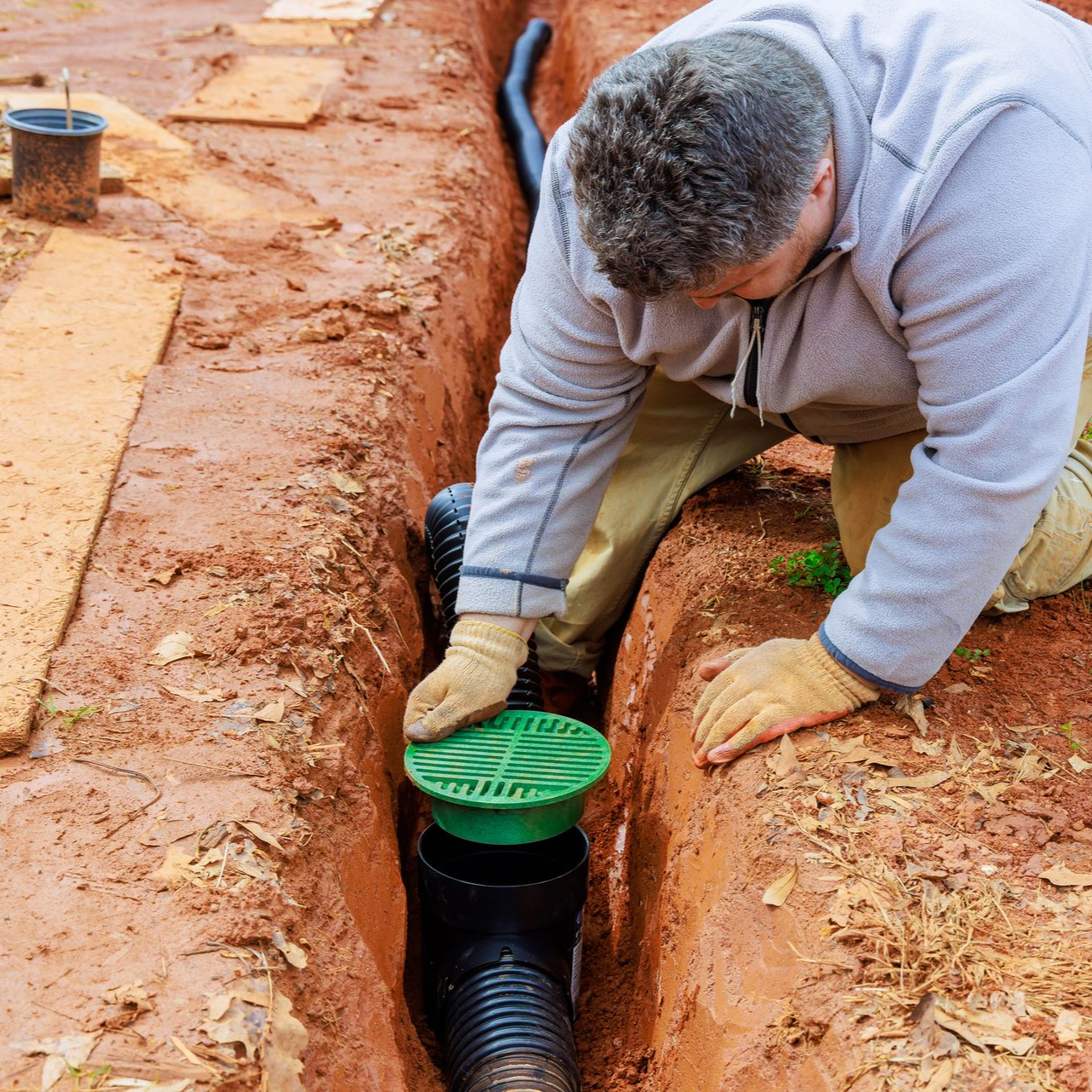 Man installing a green drainage grate in a trench with black corrugated pipe.
