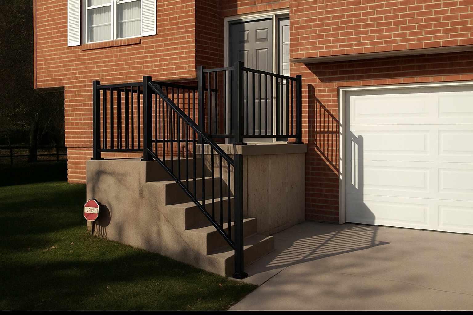 Black aluminum handrail installed on front entry steps – modern railing for durability and safety in Missouri.