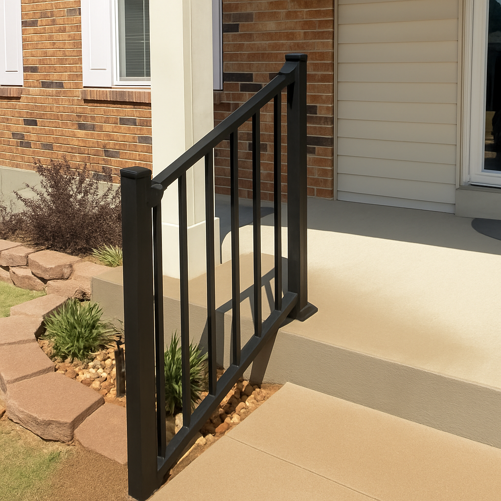 Aluminum handrail installation on front porch entry – modern black railing for accessibility and safety in Missouri.