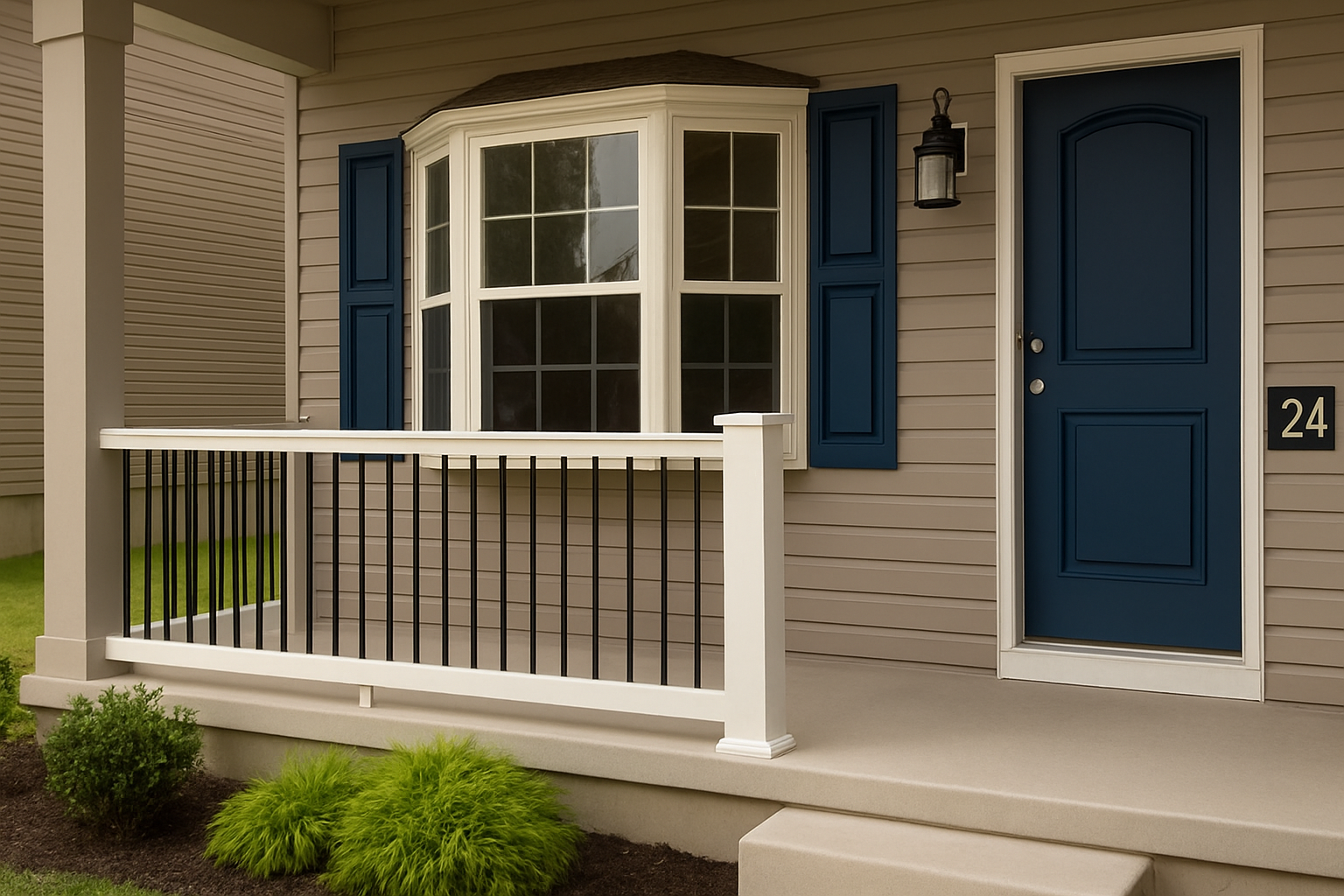 Vinyl porch handrail with black aluminum balusters – low-maintenance railing installation in St. Louis MO.
