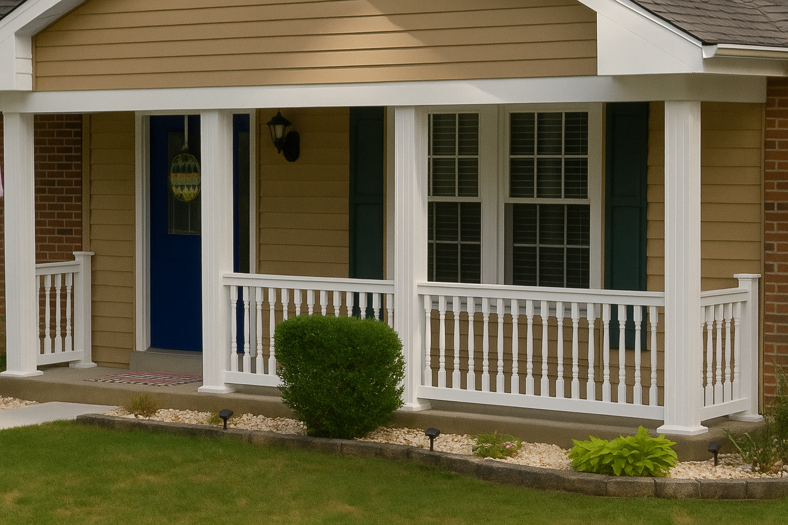 White vinyl porch handrail installation with classic vertical balusters – low-maintenance railing for front porch in St. Louis MO.