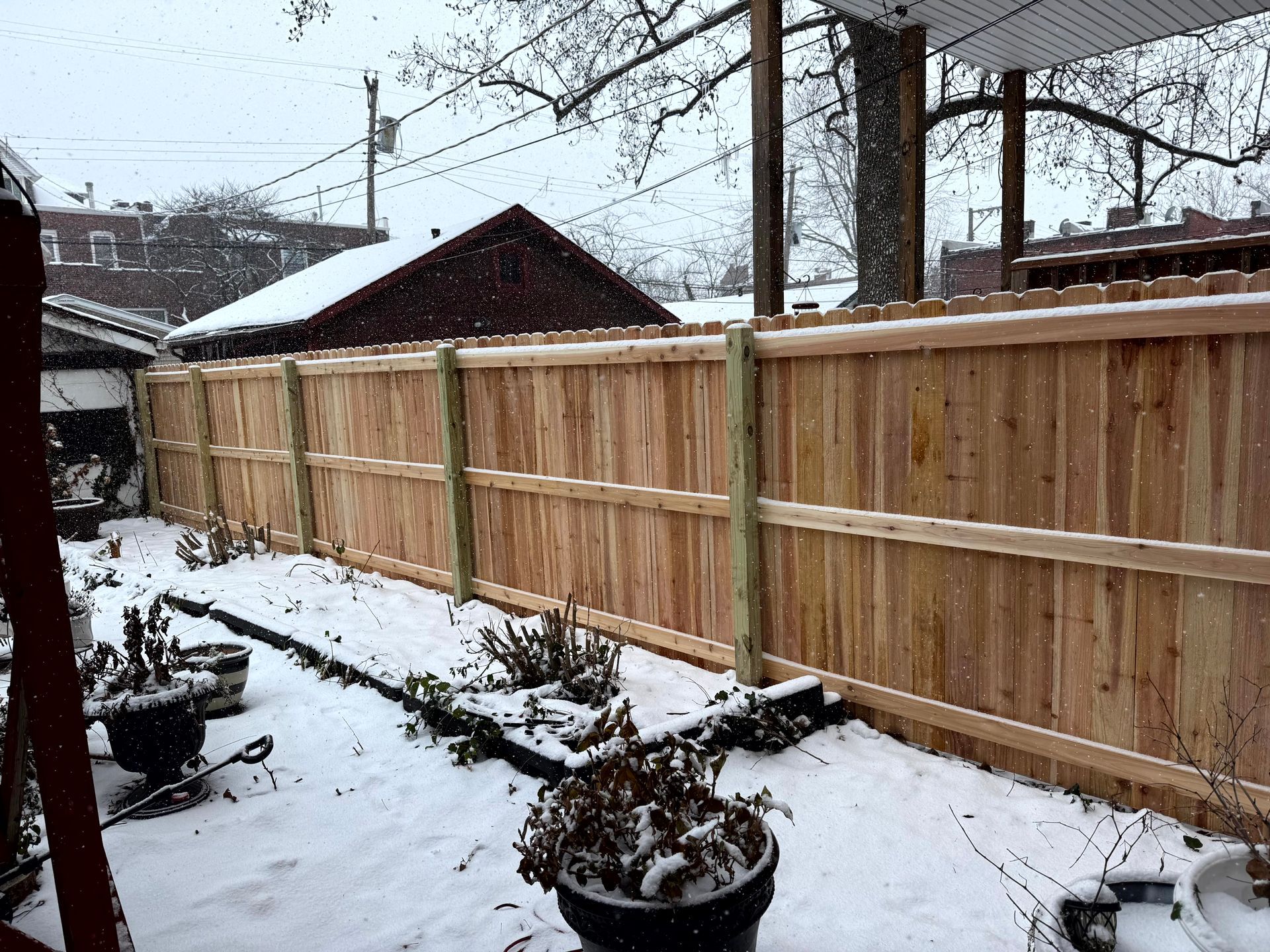 Black metal fence with small gate, green grass, and a building in the background.