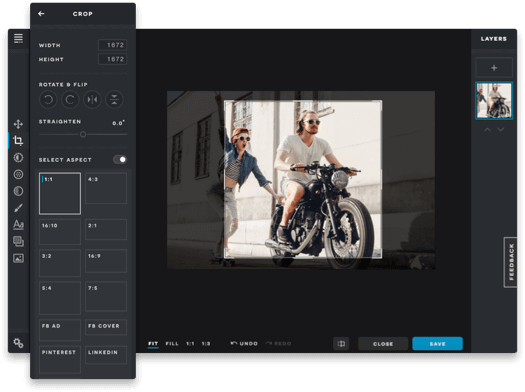 The Pixlr X software UI window is showing an image of a man is riding a motorcycle next to a woman with a building in the background.