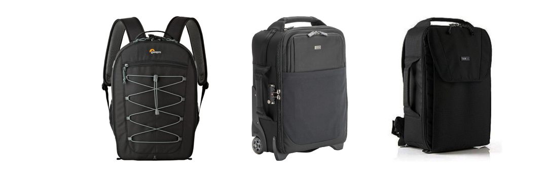 Lowepro camera bags, 3 standing in a row on a white background