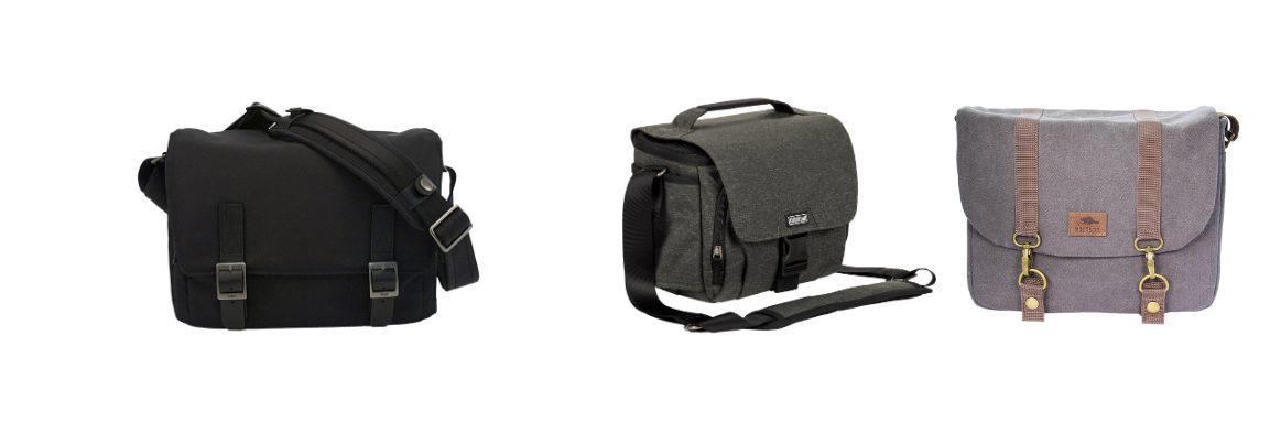 Three different types of messenger style camera bags are shown on a white background.