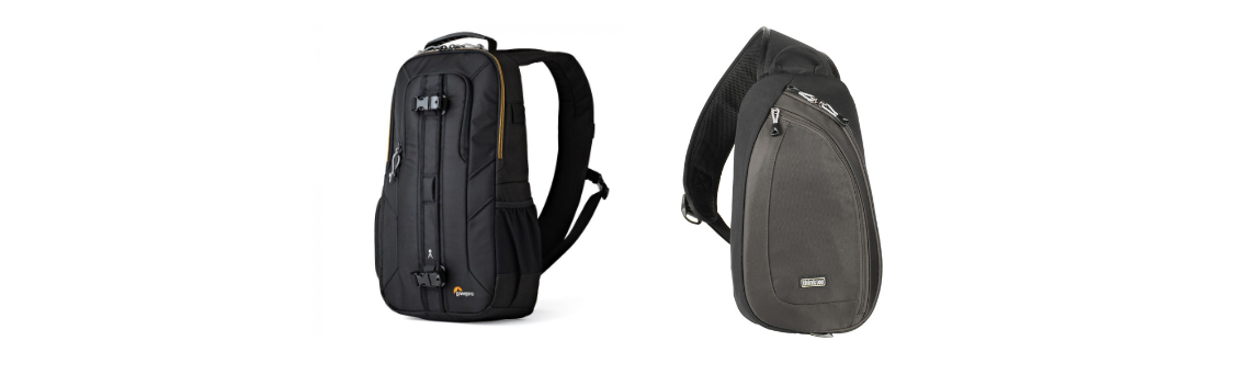 A black backpack camera bag and a black sling camera bag on a white background.
