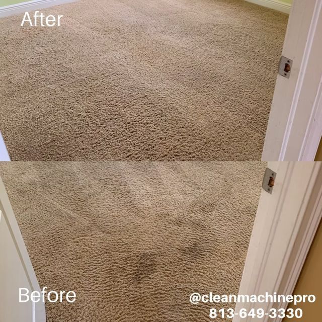 Before and after carpet cleaning. Beige carpet, brighter after cleaning.