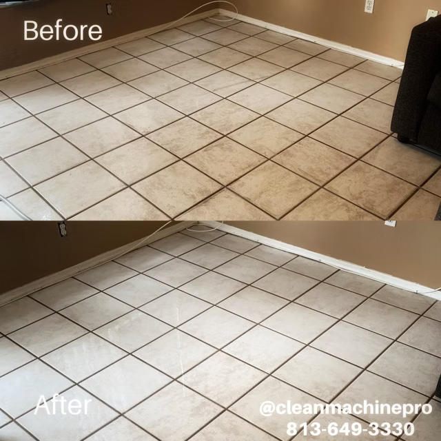 Before and after photos of a tile floor cleaning, showing stained grout cleaned to a light, uniform color.