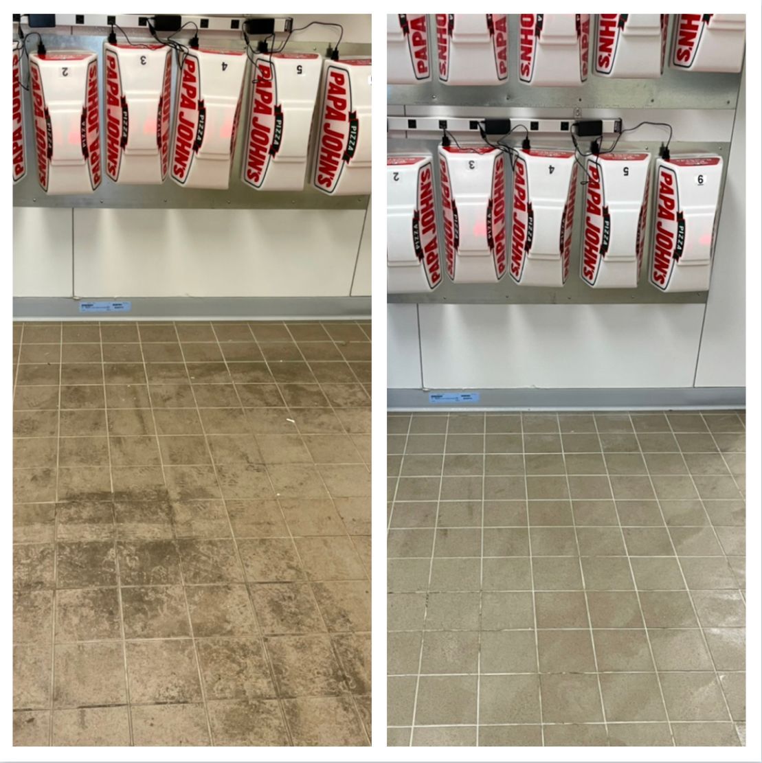 Dirty vs. clean tile floor in Papa John's restaurant, with pizza boxes above. Before and after cleaning.