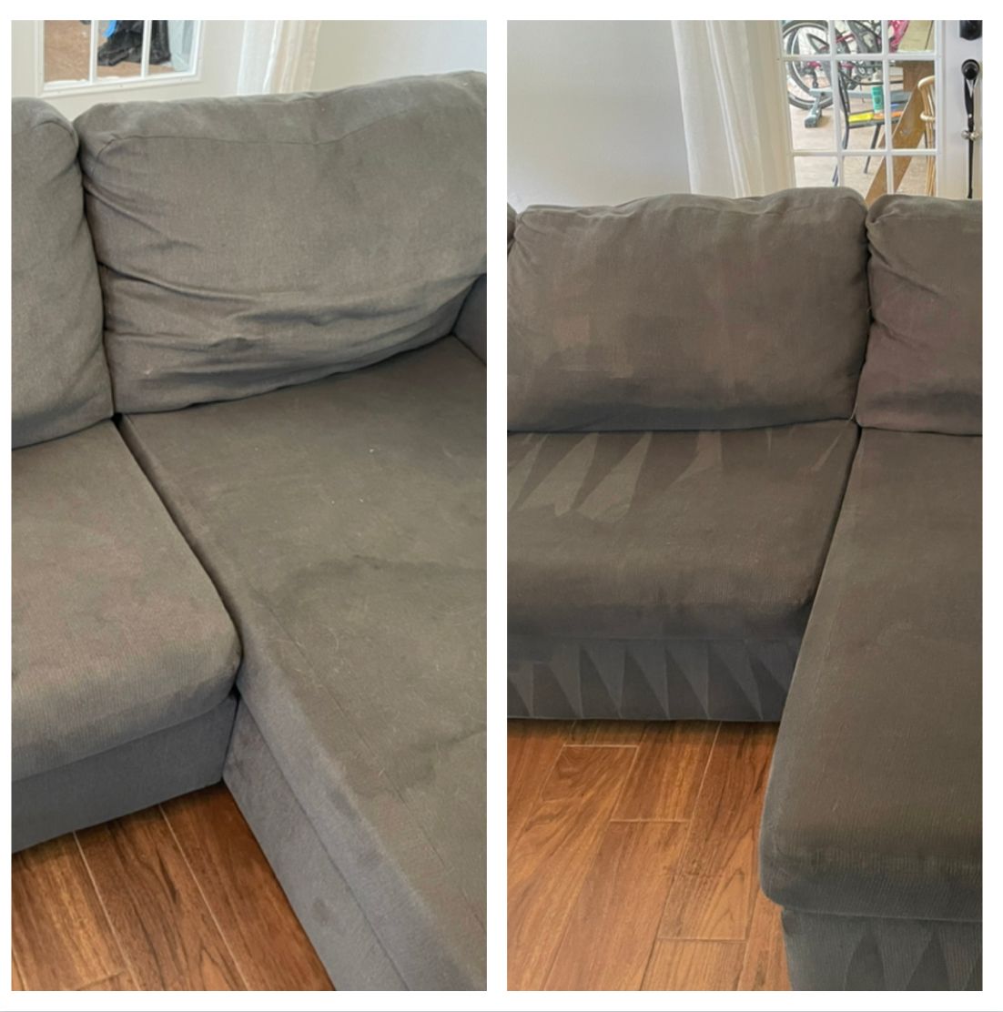 Two-panel comparison showing a grey sectional sofa before and after cleaning.