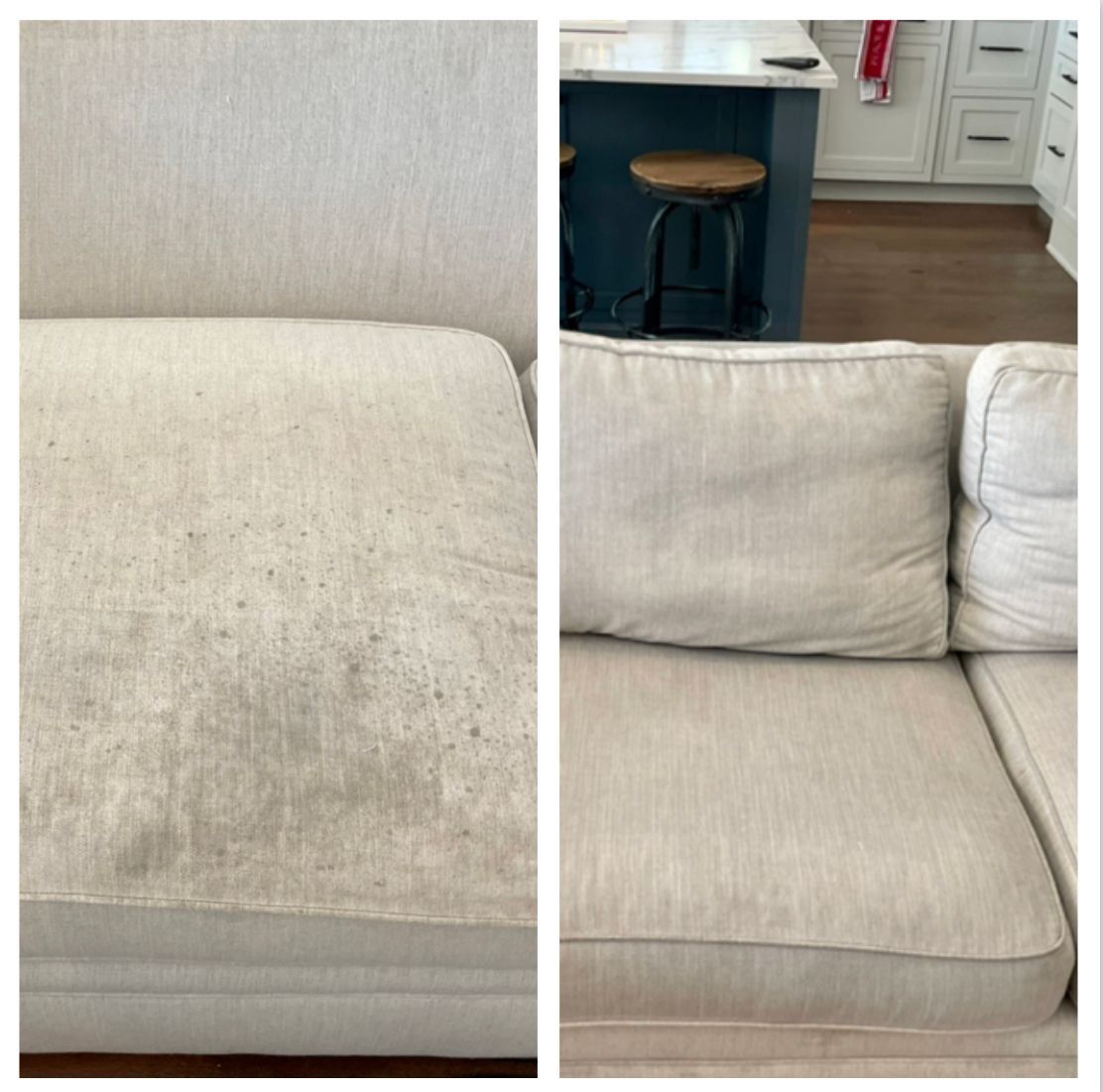 Before and after photos of a light-colored couch. The left side is dirty, the right side is clean.
