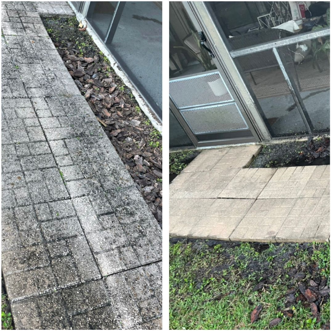 Two outdoor views: pathway and building edge with leaves and grass.