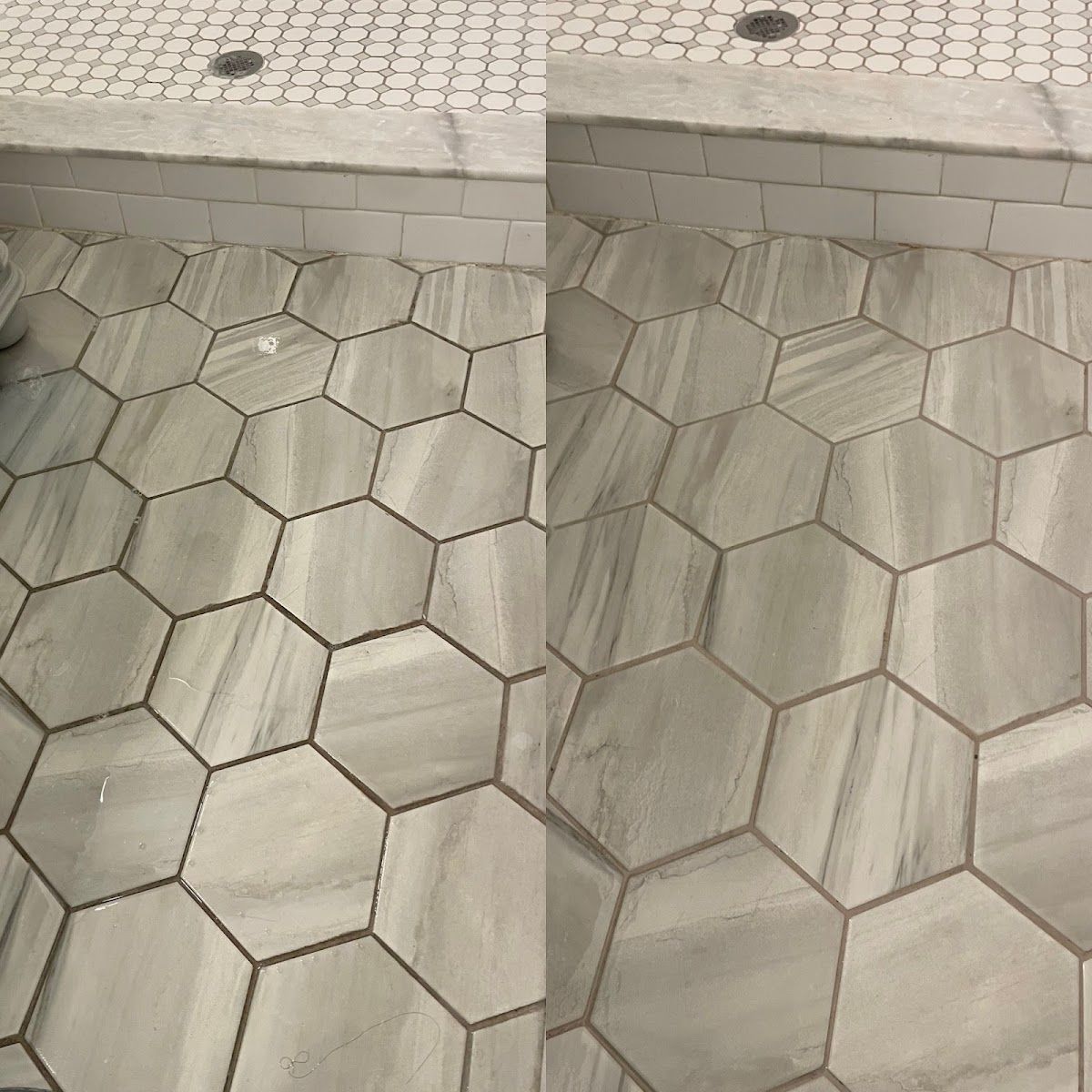 Hexagonal tile shower floor, gray and white marble, with a drain.