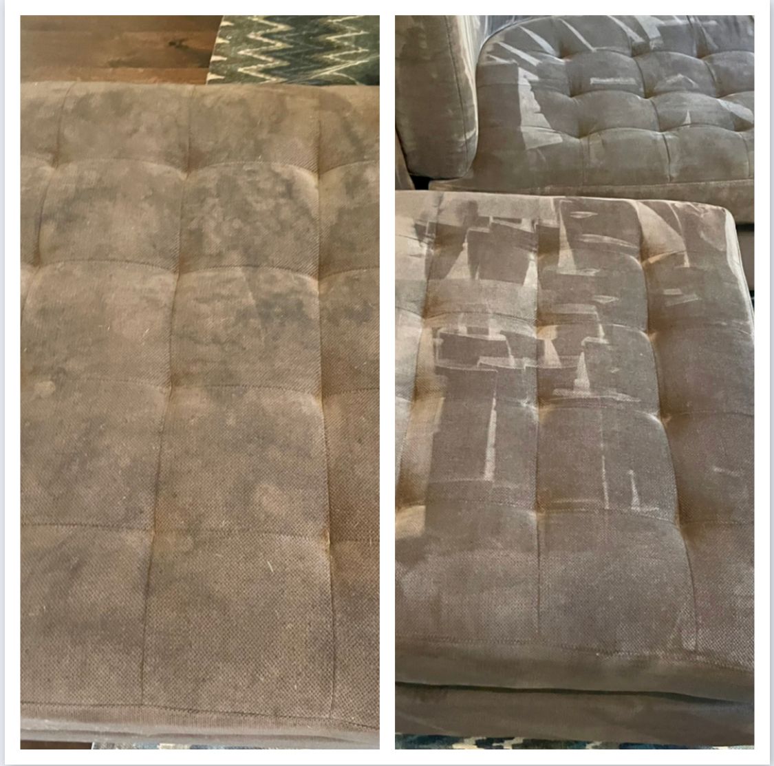 Before and after of a beige, tufted upholstered bench cushion, showing cleaning progress.