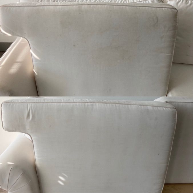Before and after of a white sofa cushion; top cushion is stained, bottom cushion is clean.