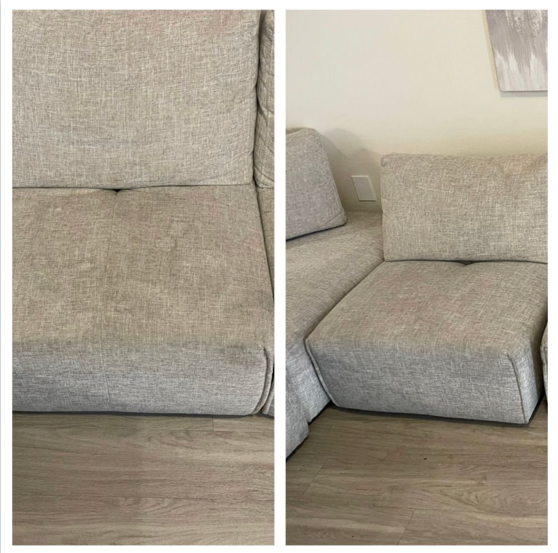 Two images side-by-side of a tan sofa showing before and after cleaning.