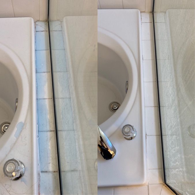 Before and after view of a cleaned bathtub and tiled surround, white and light blue.