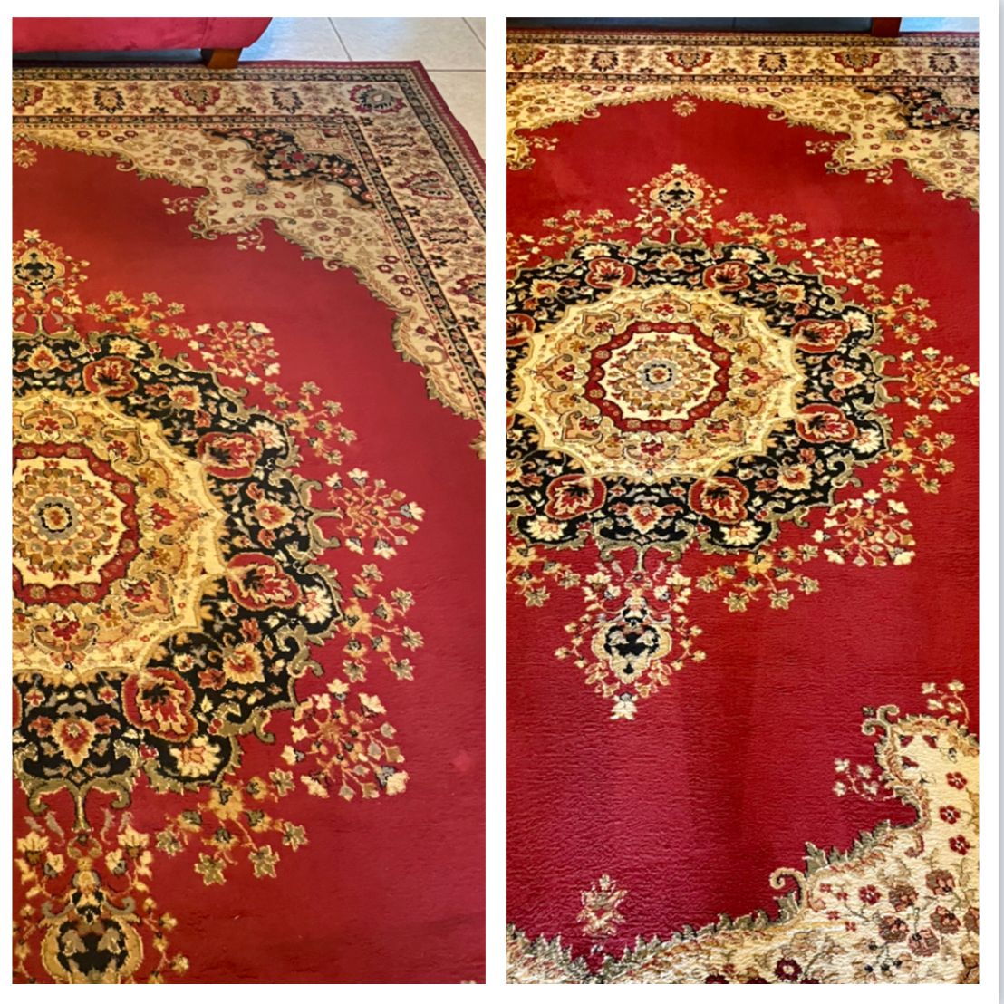 Two side-by-side photos of a red oriental rug with a central medallion design and ornate borders.