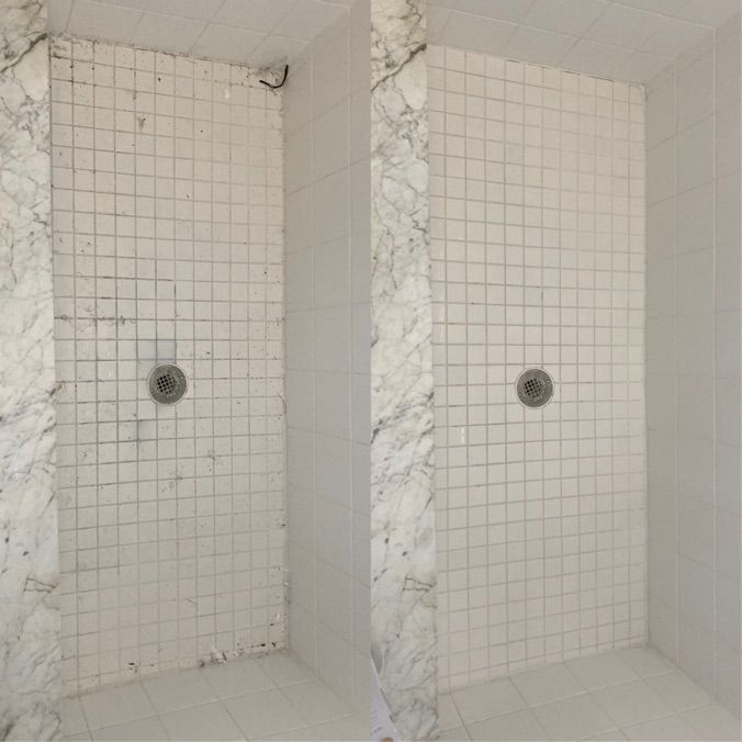 Before-and-after of a tiled shower. The left side is dirty, the right is clean.
